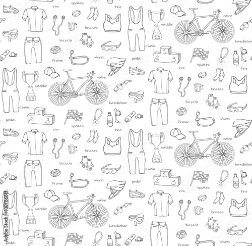 Seamless background bicycle equipment hand drawn set doodle vector illustration of various stylized bicycle icons bicycling equipment and accessories bicycling gear cycling cloth