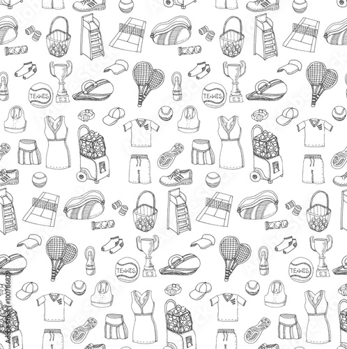 Tennis set background  hand drawn vector illustration of various stylized tennis icons  tennis equipment  tennis icons sketch  seamless background