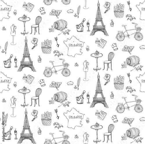 Seamless background, set of hand drawn French icons, Paris sketch illustration, doodle elements, Isolated national elements made in vector. Travel to France icons, Paris symbols collection