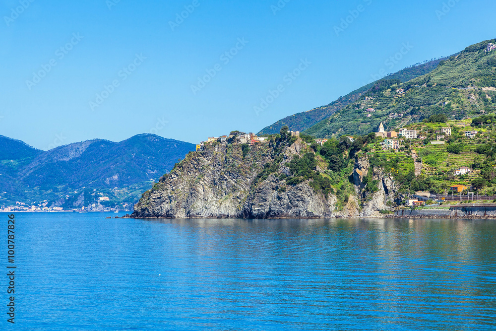 Panorama of the Cinque Terre. In the foreground the town of Corniglia.