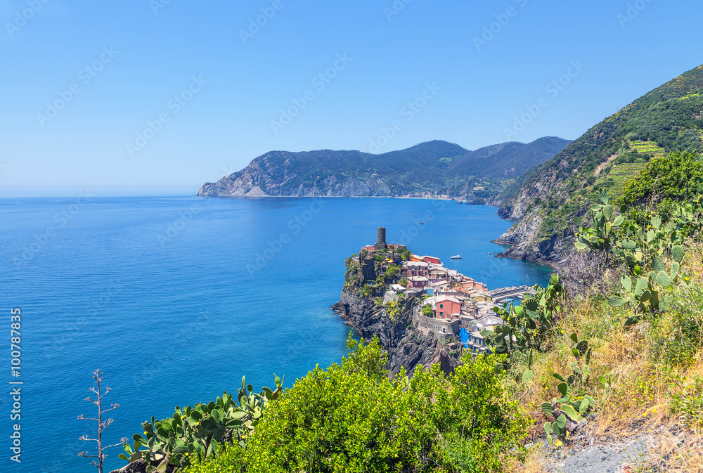 Panorama of the Cinque Terre. In the foreground the town of Vernazza.