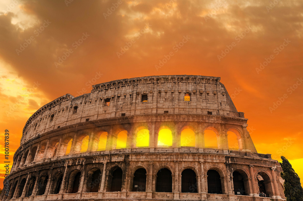 Roman Colosseum at sunset.