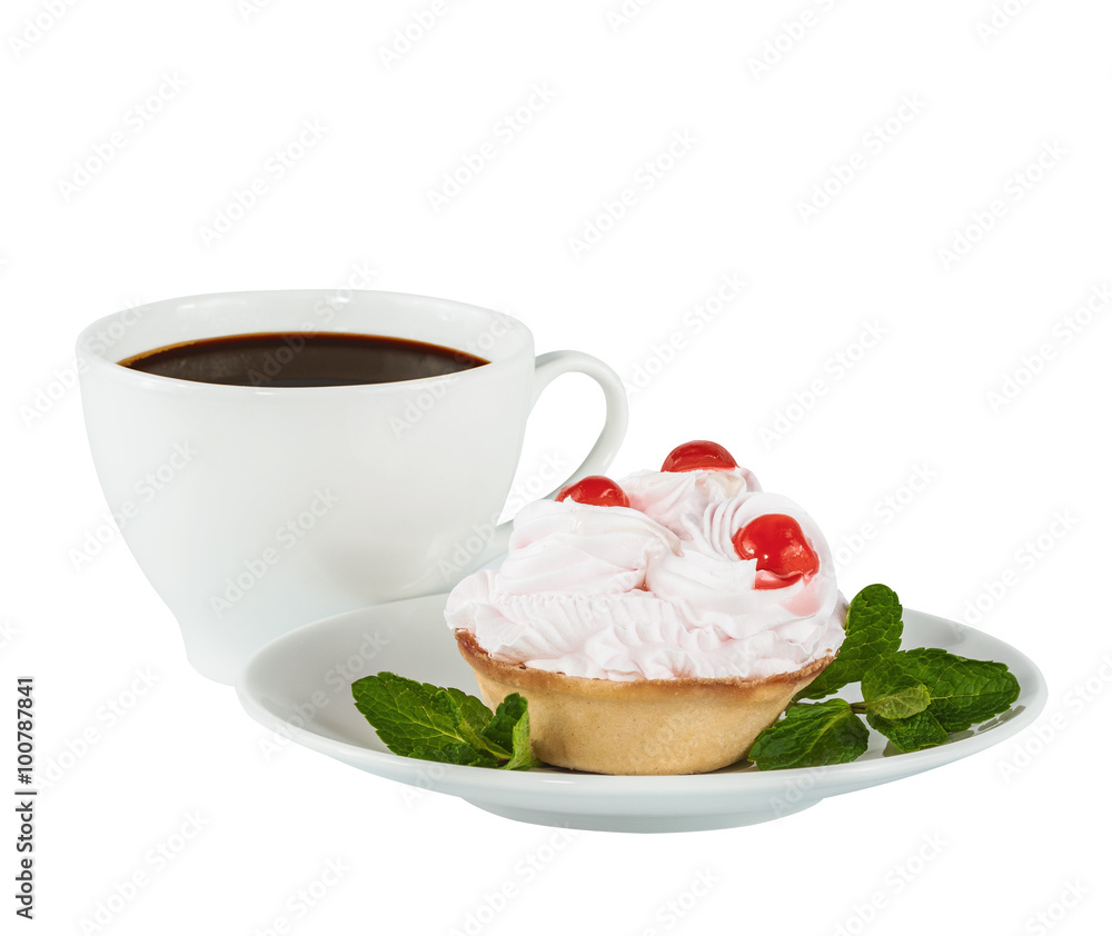 Cream cake with cherry on a white saucer and coffee, isolated on the white Cream cake with cherry on a white saucer and coffee, isolated on the white