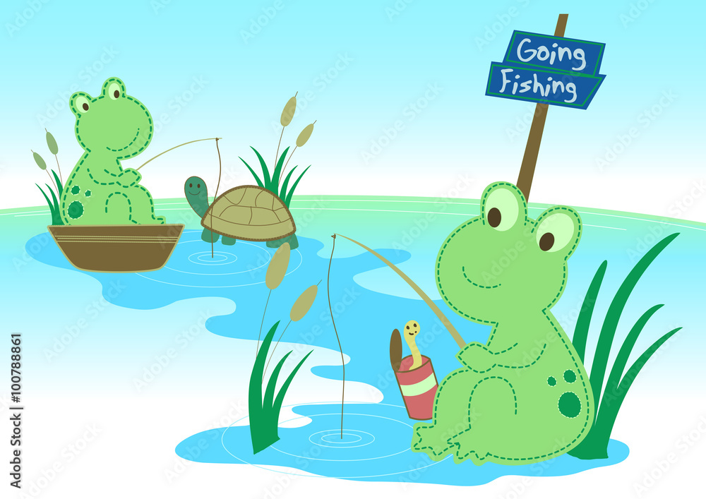Fototapeta premium Two frogs fishing in a pond