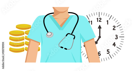 Flat vector image of a doctor with money and a clock behind him