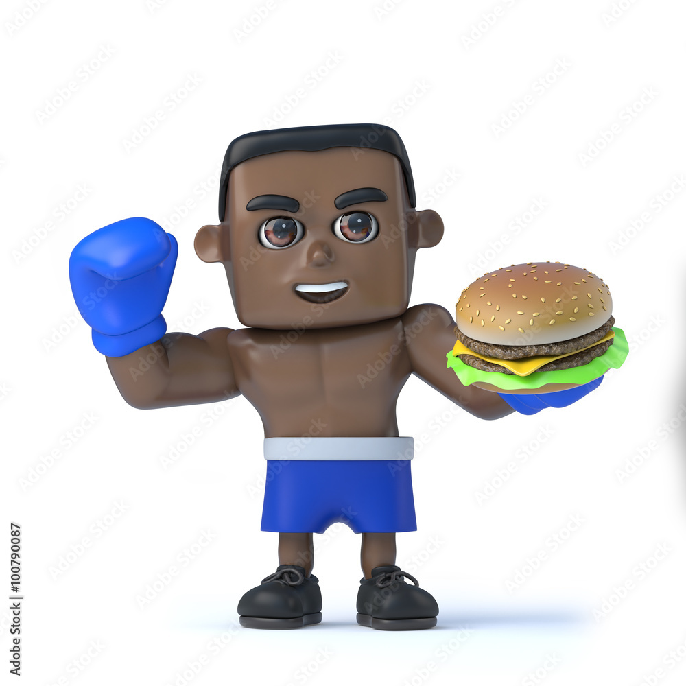 3d Black boxer has a beef burger