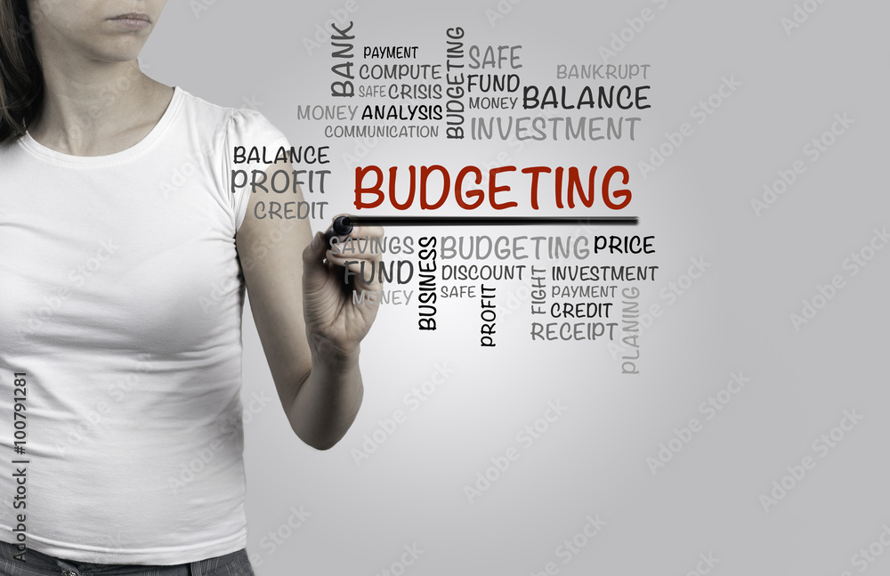 Beautiful woman writing - BUDGETING word cloud, business concep Beautiful woman writing - BUDGETING word cloud, business concep