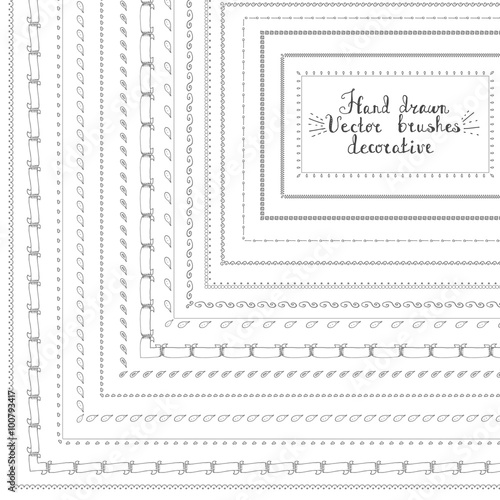 Set of hand drawn decorative vector brushes with inner and outer corner tiles. Dividers, borders, ornaments. Sketch, decoration doodle elements