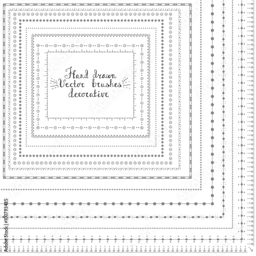 Set of hand drawn decorative vector brushes with inner and outer corner tiles. Dividers, borders, ornaments. Sketch, decoration doodle elements