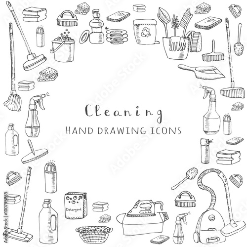 Hand drawn vector cleaning service icons, Cleaning symbols, tools, Detergent, iron, mop, dust pan, brushesm bleach, duster, washing liquid, vacuum cleaner, doodle icons, sketch