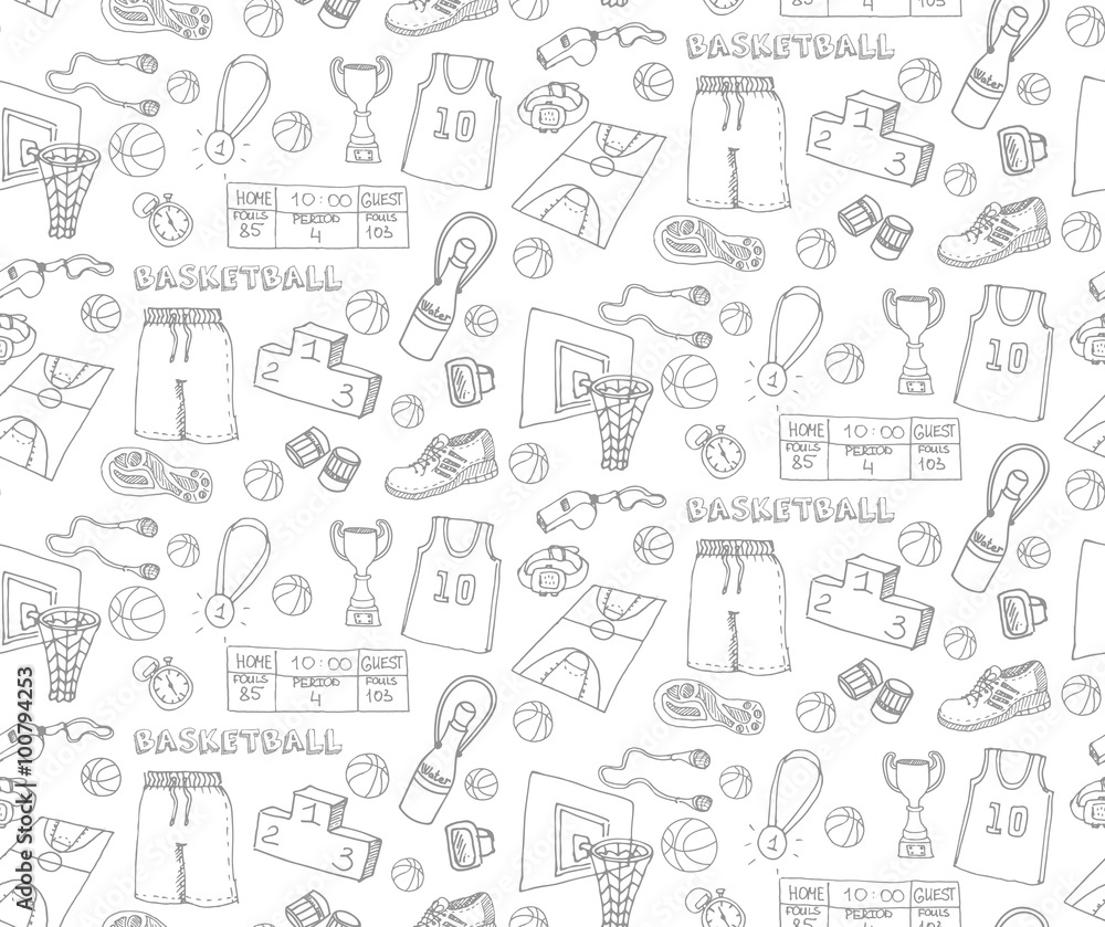 Seamless background of hand drawn doodle basketball set. Vector illustration. Sketchy sport related icons, basketball elements, ball, hoop, net, basket, sport wear, sport shoes