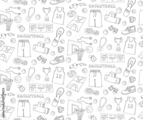 Seamless background of hand drawn doodle basketball set. Vector illustration. Sketchy sport related icons, basketball elements, ball, hoop, net, basket, sport wear, sport shoes