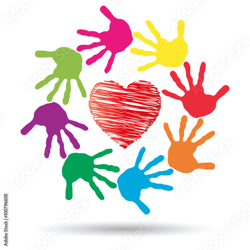 Vector concept circle of hands, red heart love symbol
