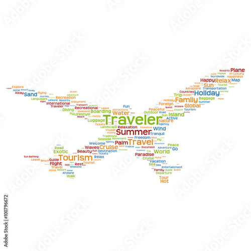Vector conceptual travel or tourism plane word cloud