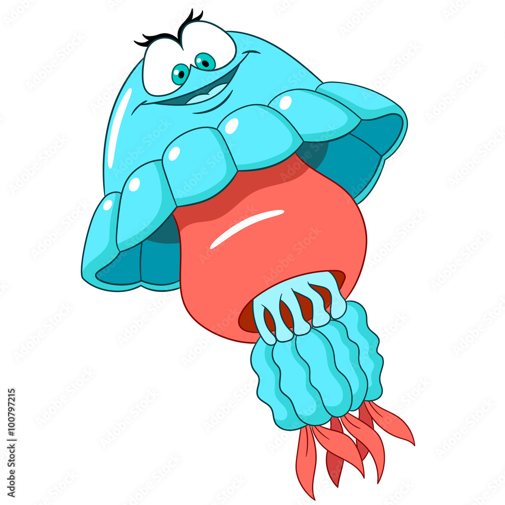 Obraz premium cute happy and lovely cartoon jellyfish (medusa) with long wavy tentacles and shy smile, isolated on a white background