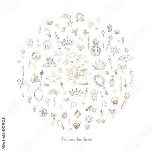 Hand-Drawn Vintage Princess Girl Set, Doodle Design Elements, Sketchy Fairy Tale Princess Tiara Crown Notebook, Vector Illustration, for design and scrapbook