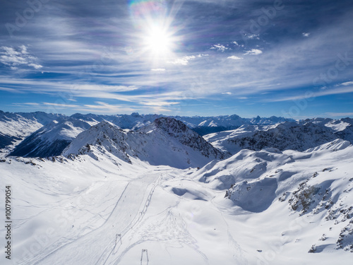 Mountains in the Parsenn area, ski resort Weissfluhgipfel in Davos, Switzerland photo