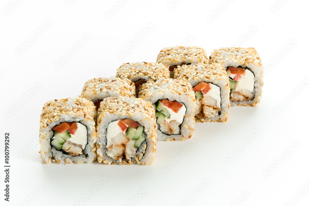 Sushi rolls with eel, cucumber, philadelphia and sesame isolated on white background Sushi rolls with eel, cucumber, philadelphia and sesame isolated on white background