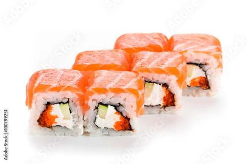 Sushi rolls with salmon, caviar and philadelphia isolated on white background
