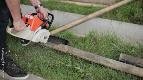Wallpaper Mural Carpenter sawing a log in half a chainsaw  Torontodigital.ca