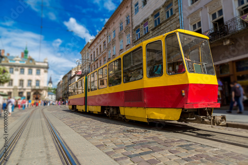 Old tram is in the historic center of Lviv.