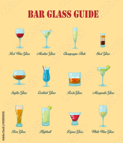 Bar glass guide: a collection of various kinds of vector bar glasses, their proper naming and usage for drinks.
