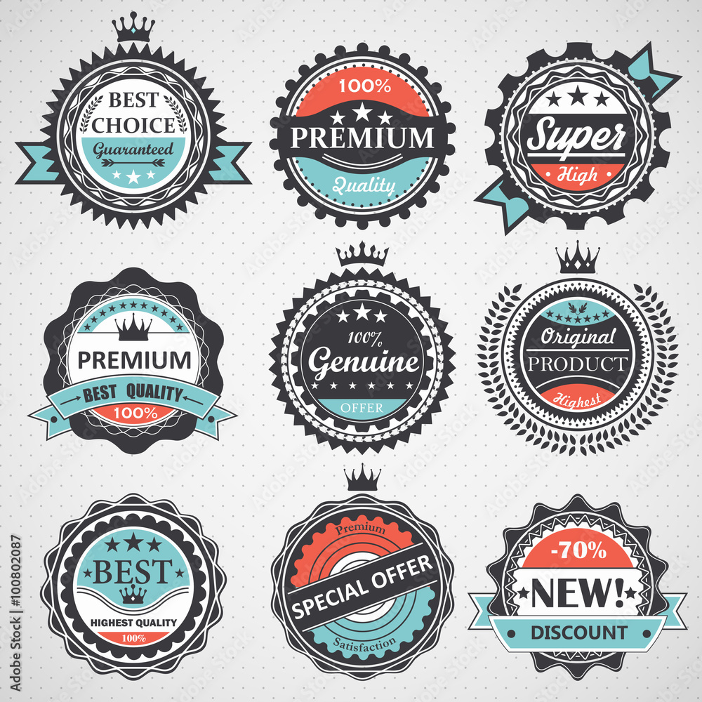 Set of premium quality, guaranteed, genuine badges, retro elements vector