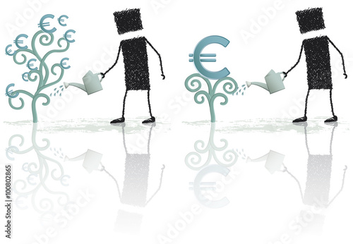 Euro plant. A stick figure is watering a plant. The plant has euro symbols