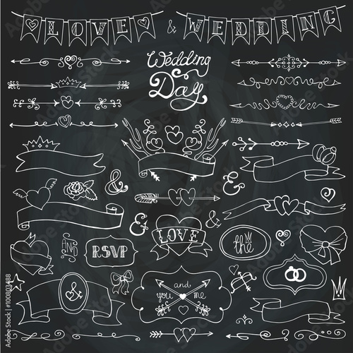 Doodle wedding decor.Hearts,badges,arrows,swirls,ribbons.Chalk