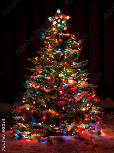 Snow Covered Christmas Tree with Multi Colored Lights
