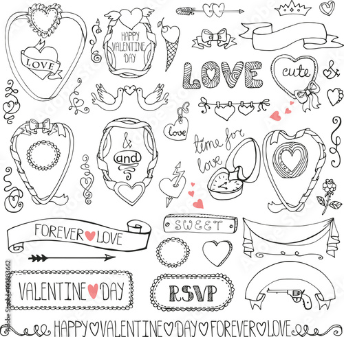 Valentines day wedding frames icon  ribbon decor set
