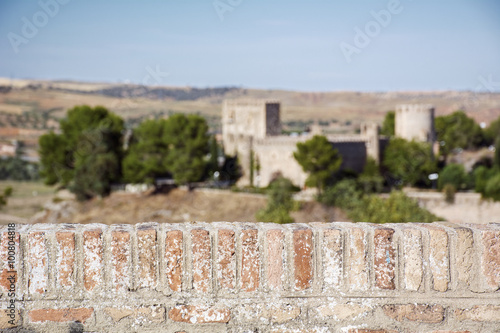 Brick wall with an old building on the background