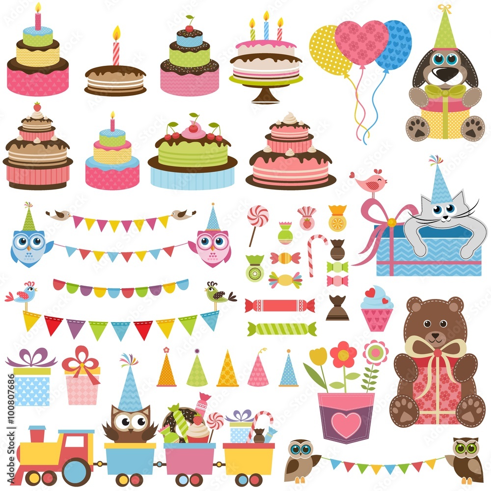 Birthday party elements set with cake, sweets and toy Birthday party elements set with cake, sweets and toy