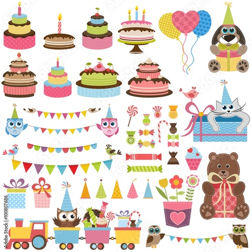 Birthday party elements set with cake, sweets and toy