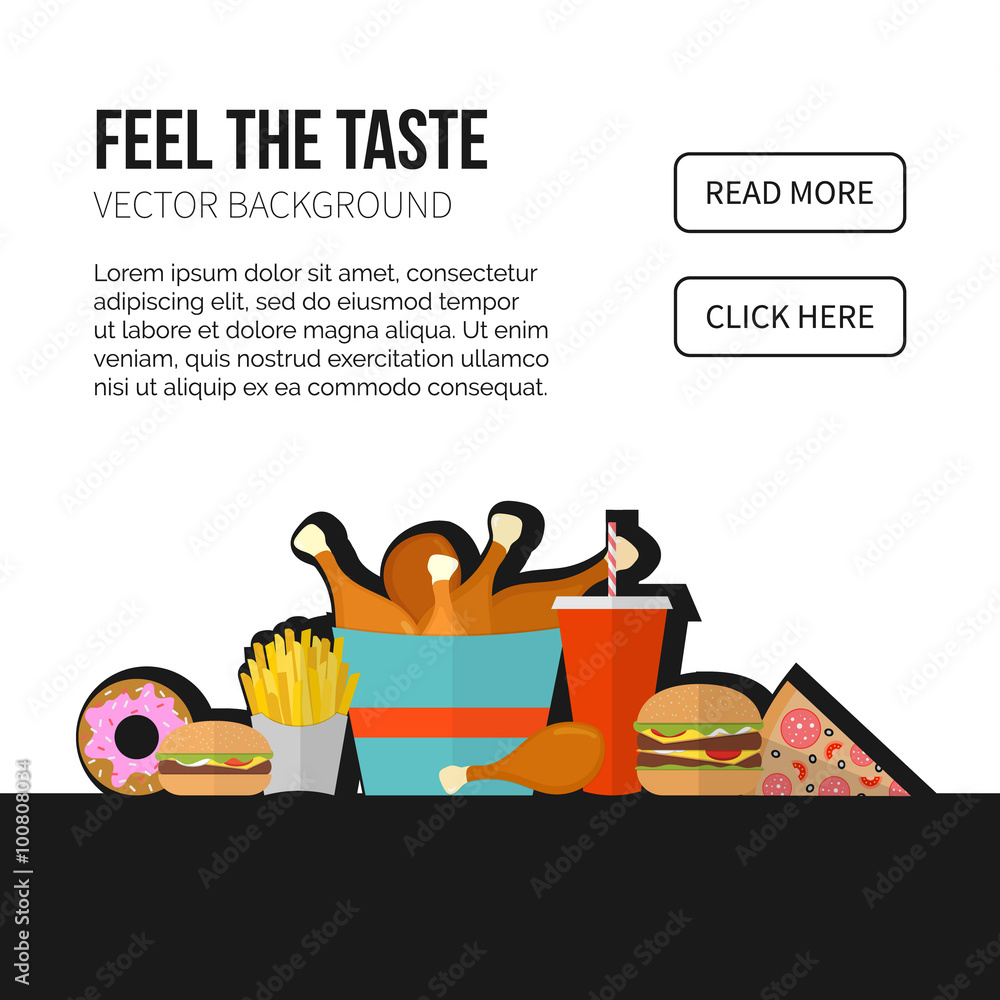 Fototapeta premium Fast Food Vector Concept. Lunch french fries, chicken, donut, pi