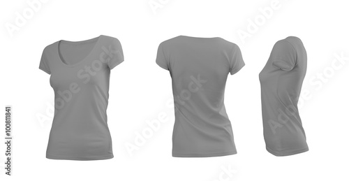 Light grey woman's T-shirt with short sleeves with rear and side view on a white background