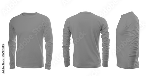 Light grey men's T-shirt with long sleeves with rear and side views on a white background