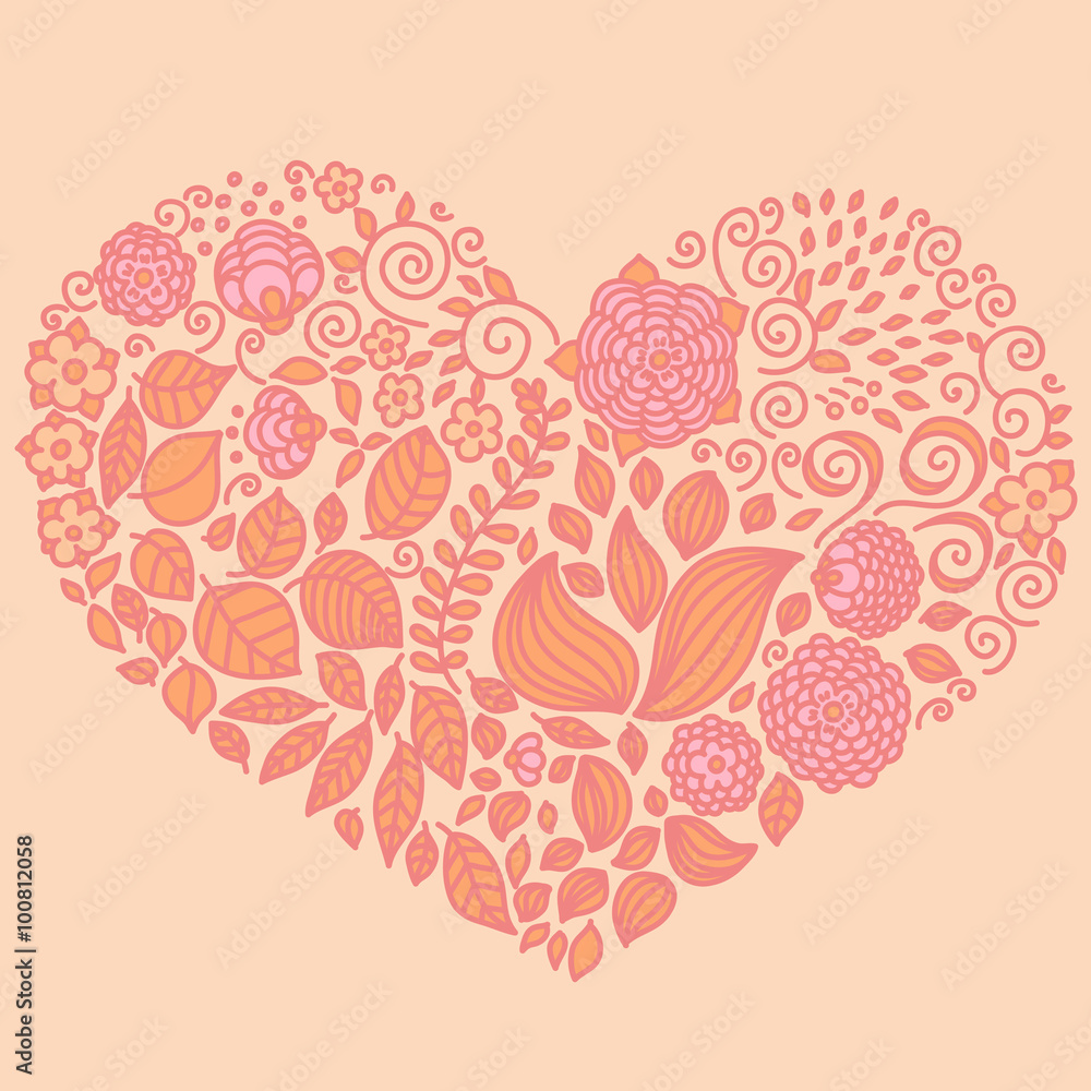 Tattoo floral doodle vector elements set in heart form. 