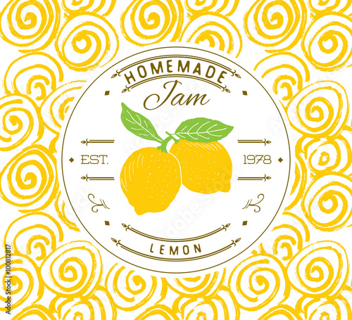 Jam label design template. for lemon dessert product with hand drawn sketched fruit and background. Doodle vector lemon illustration brand identity
