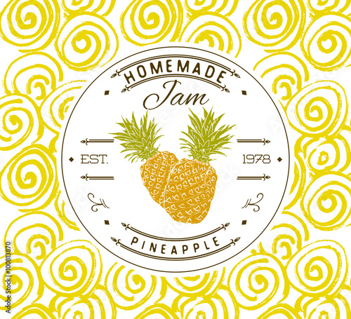 Jam label design template. for pineapple dessert product with hand drawn sketched fruit and background. Doodle vector pineapple illustration brand identity