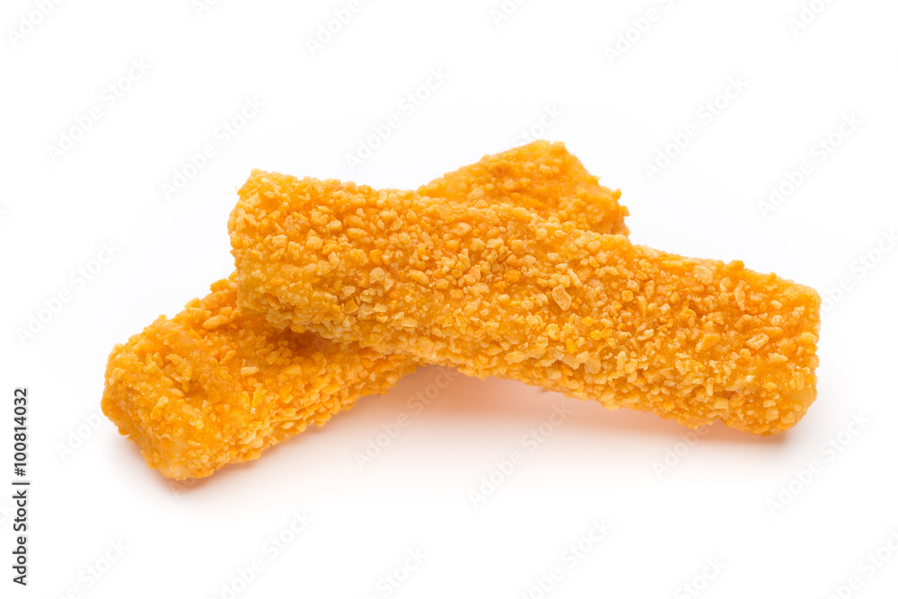 Frozen bread crumbed fish fingers on white. Frozen bread crumbed fish fingers on white.