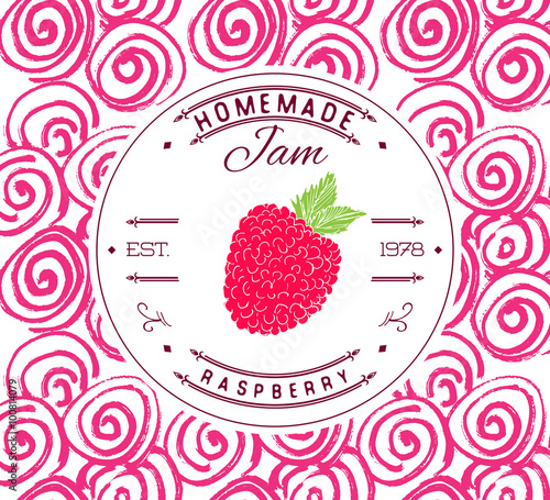 Jam label design template. for raspberry dessert product with hand drawn sketched fruit and background. Doodle vector raspberry illustration brand identity