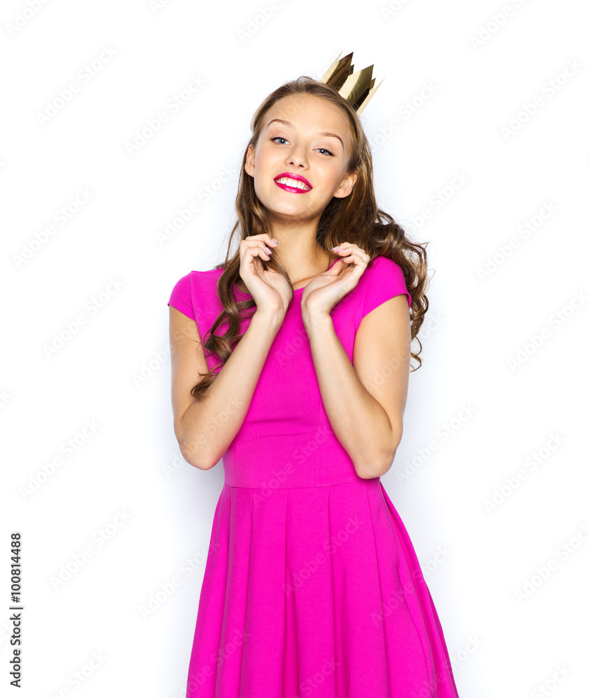 happy young woman or teen girl in pink dress happy young woman or teen girl in pink dress