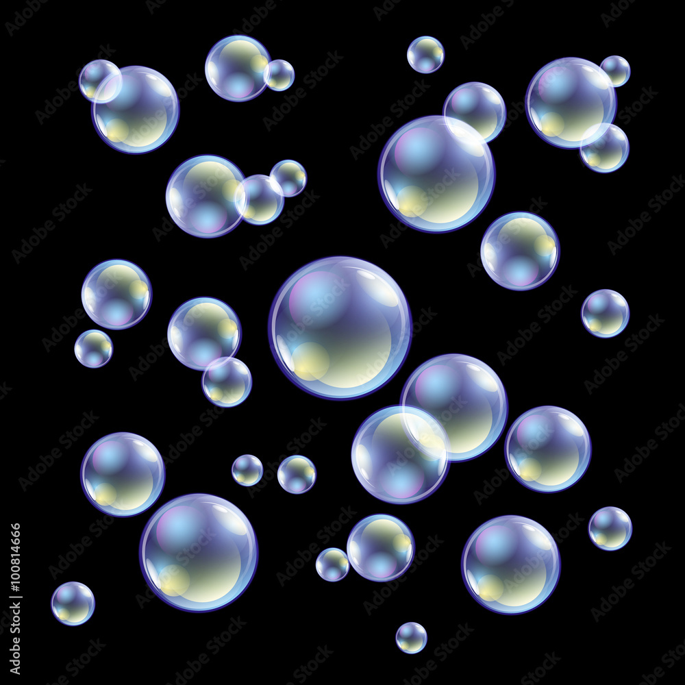 colored soap bubbles on a black background Vector illustration