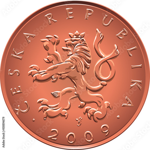 Obverse Gold money ten czech crones coin with crowned heraldic lion and nominal