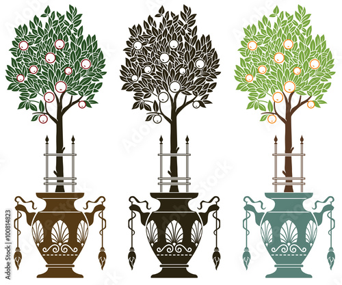 Stock illustration. Vase with fruit trees