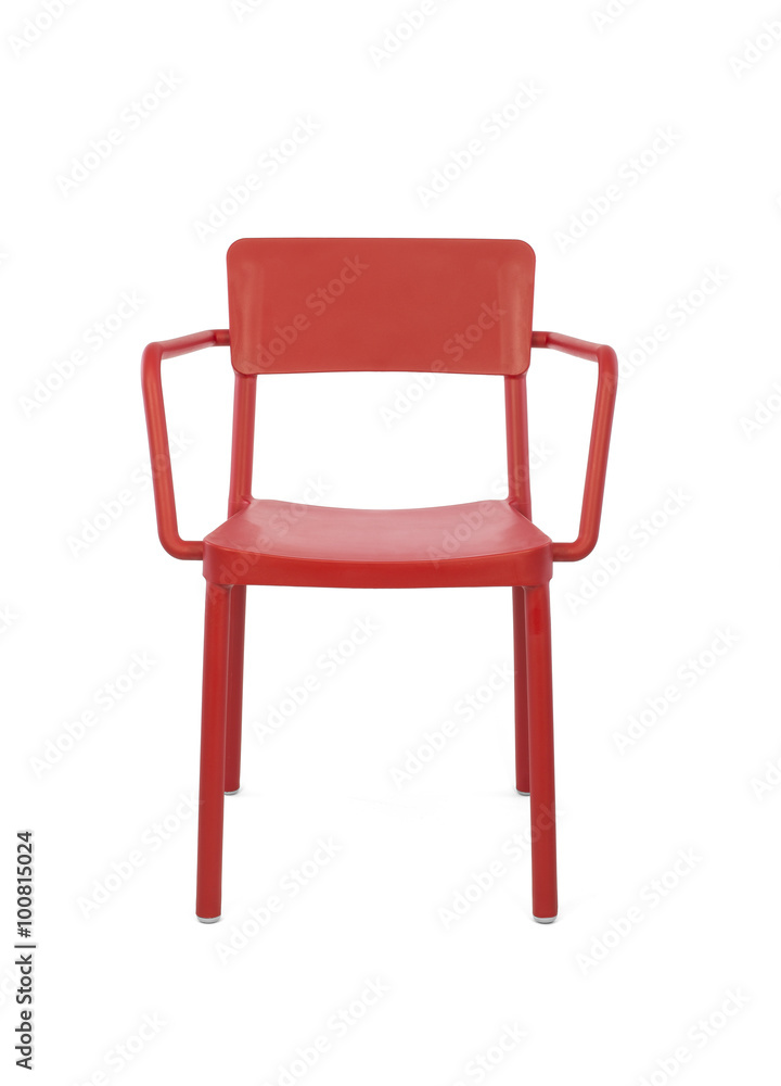 Fototapeta premium Red Plastic Outdoor Cafe Chair on White Background, Front View