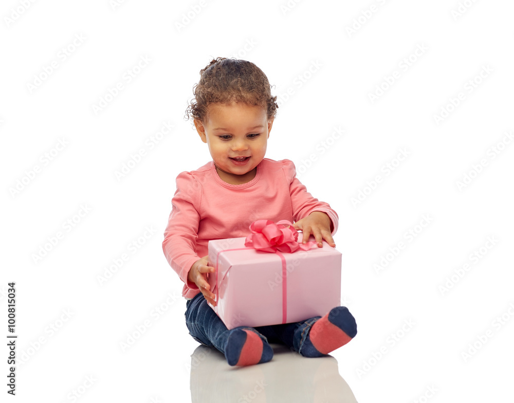 happy little baby girl with birthday present happy little baby girl with birthday present
