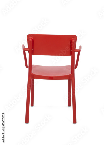 Red Plastic Outdoor Cafe Chair on White Background, Rear View