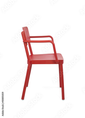 Red Plastic Outdoor Cafe Chair on White Background, Side View